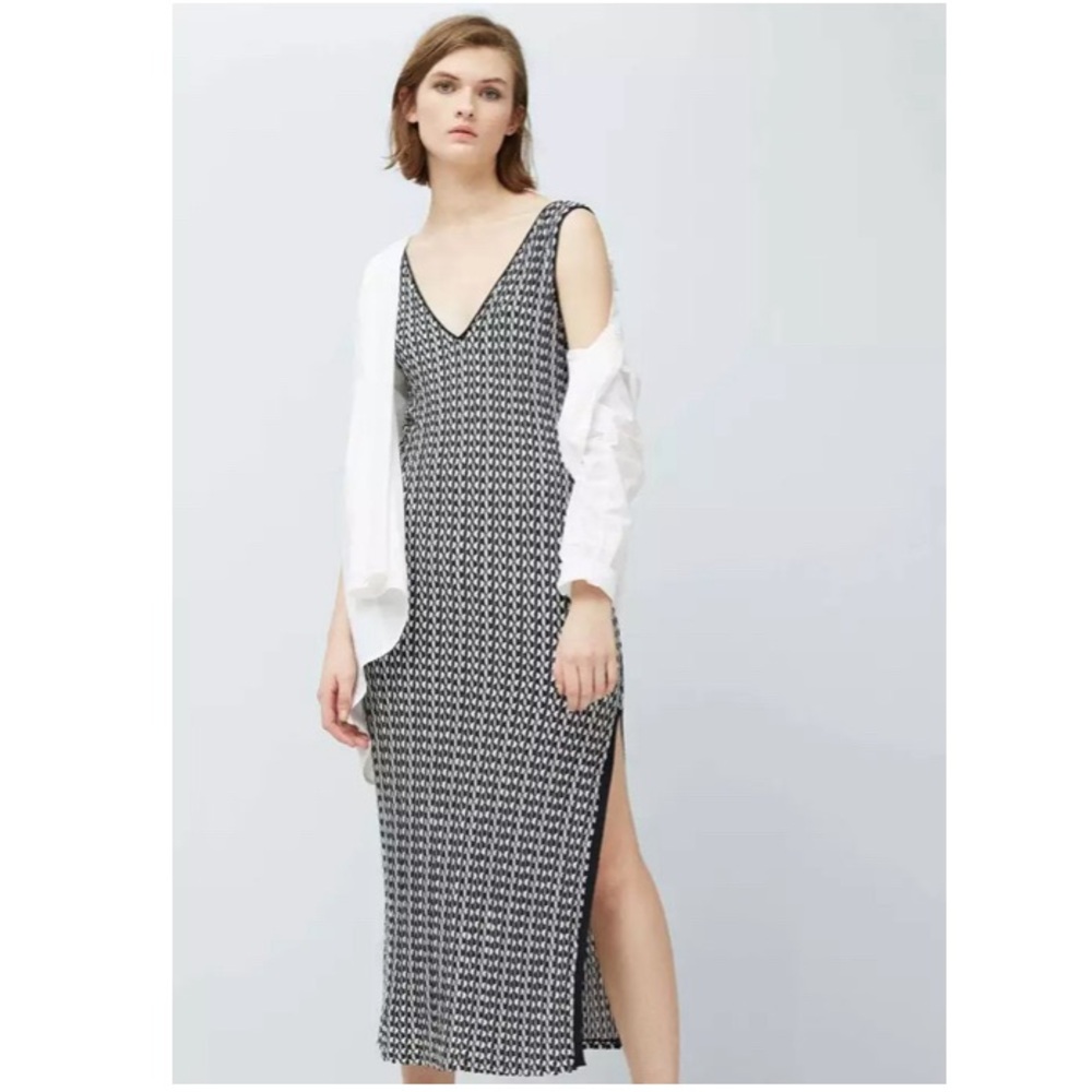 MANGO Black & White Jacquard Maxi Dress With Side Slit Size L